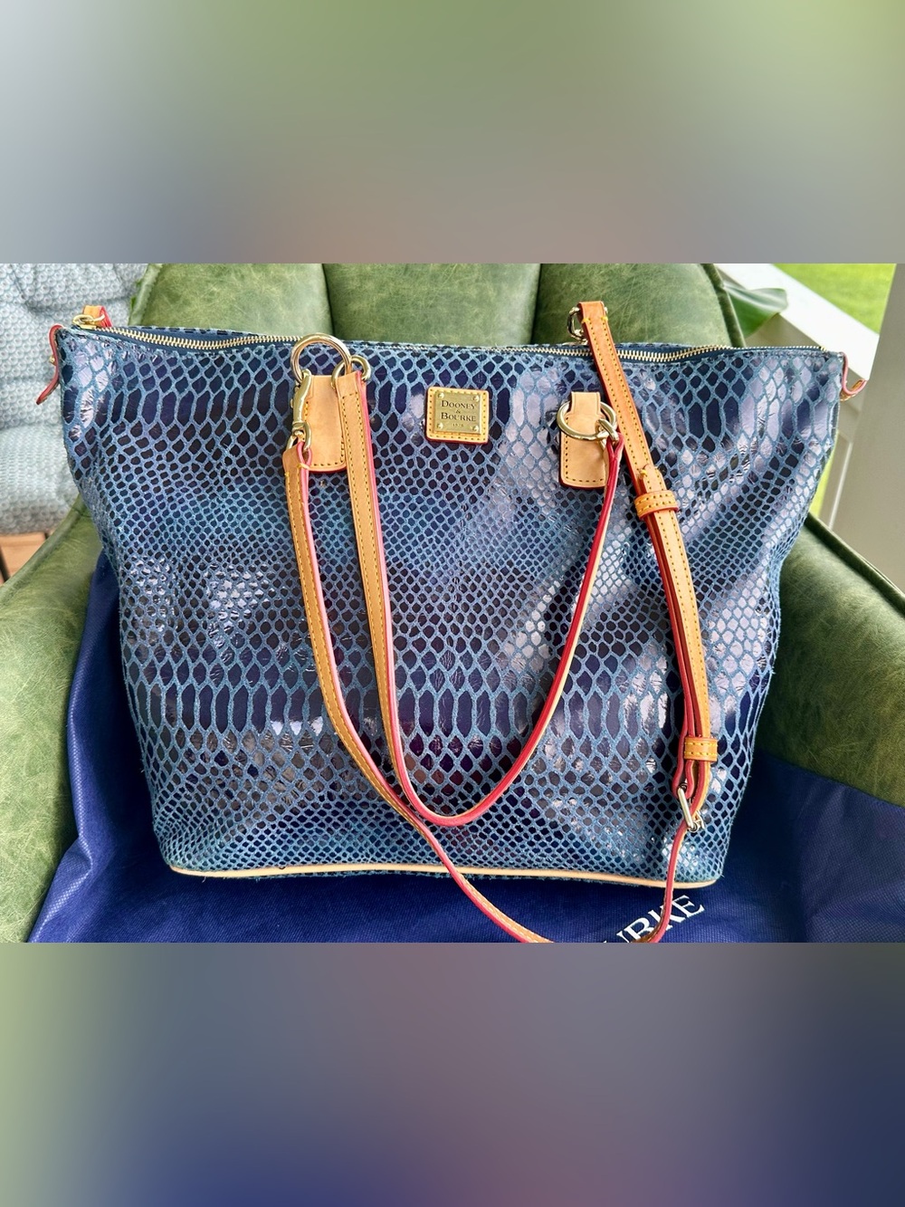 Dooney & Bourke Blue Snake-Print Tote with Tan and Red Trim